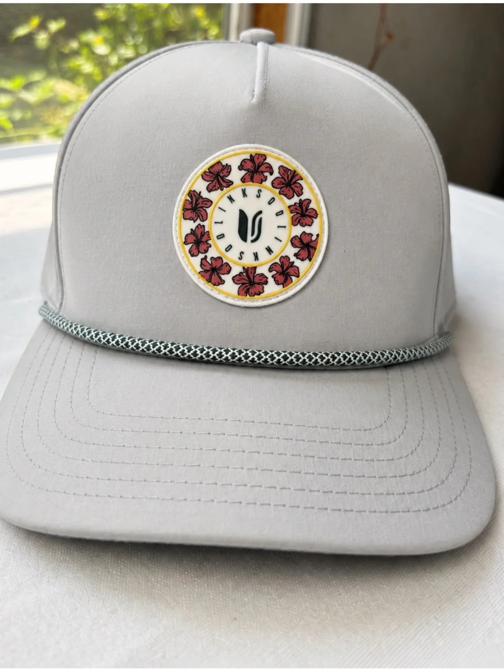 NEW Linksoul Gray 5 Panel Rope Trucker Hat Baseball Hat Pink Patch Snap Back